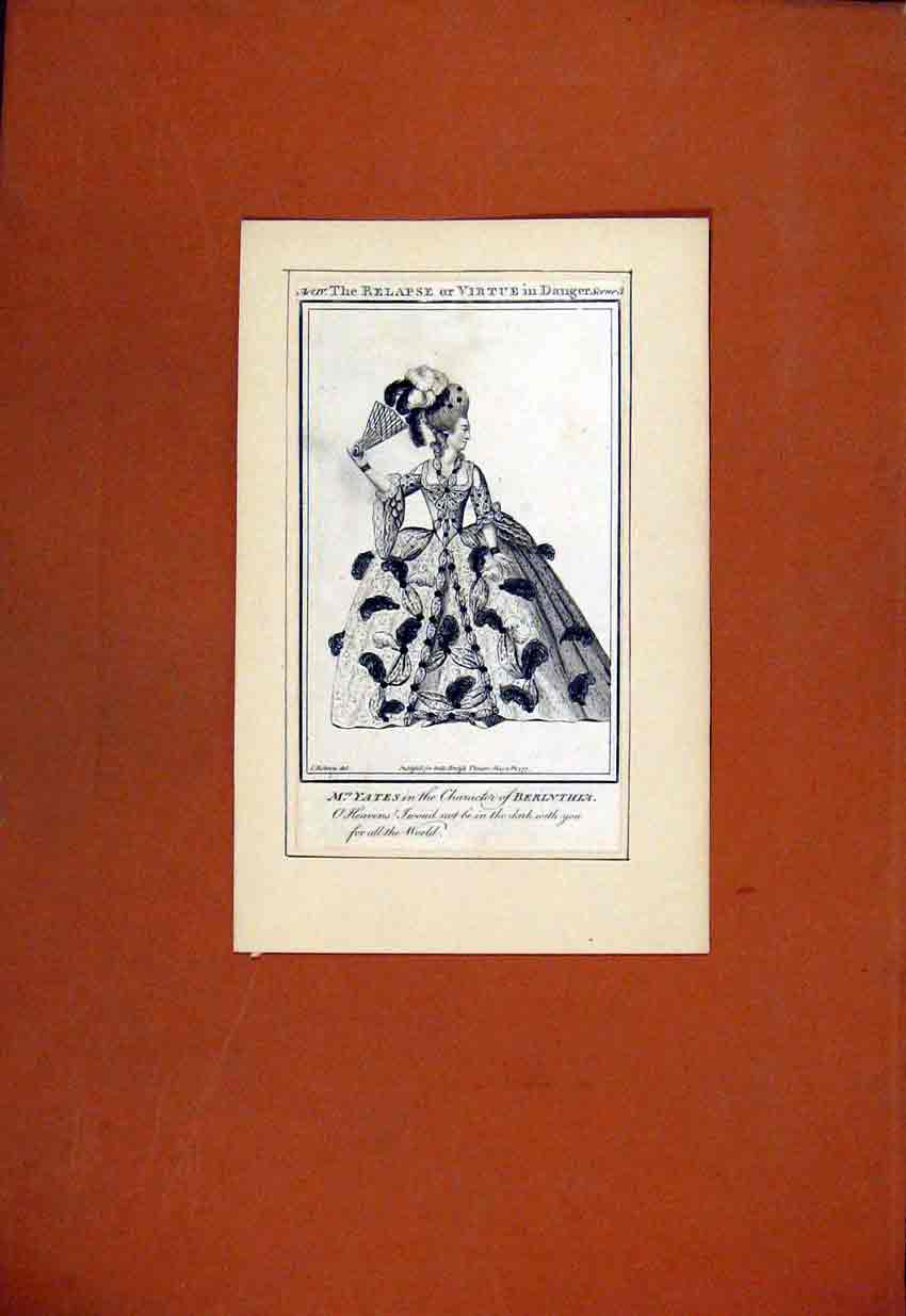 Original Old Antique Print Mrs Yates Character Berinthia Rellapse Virtue Danger