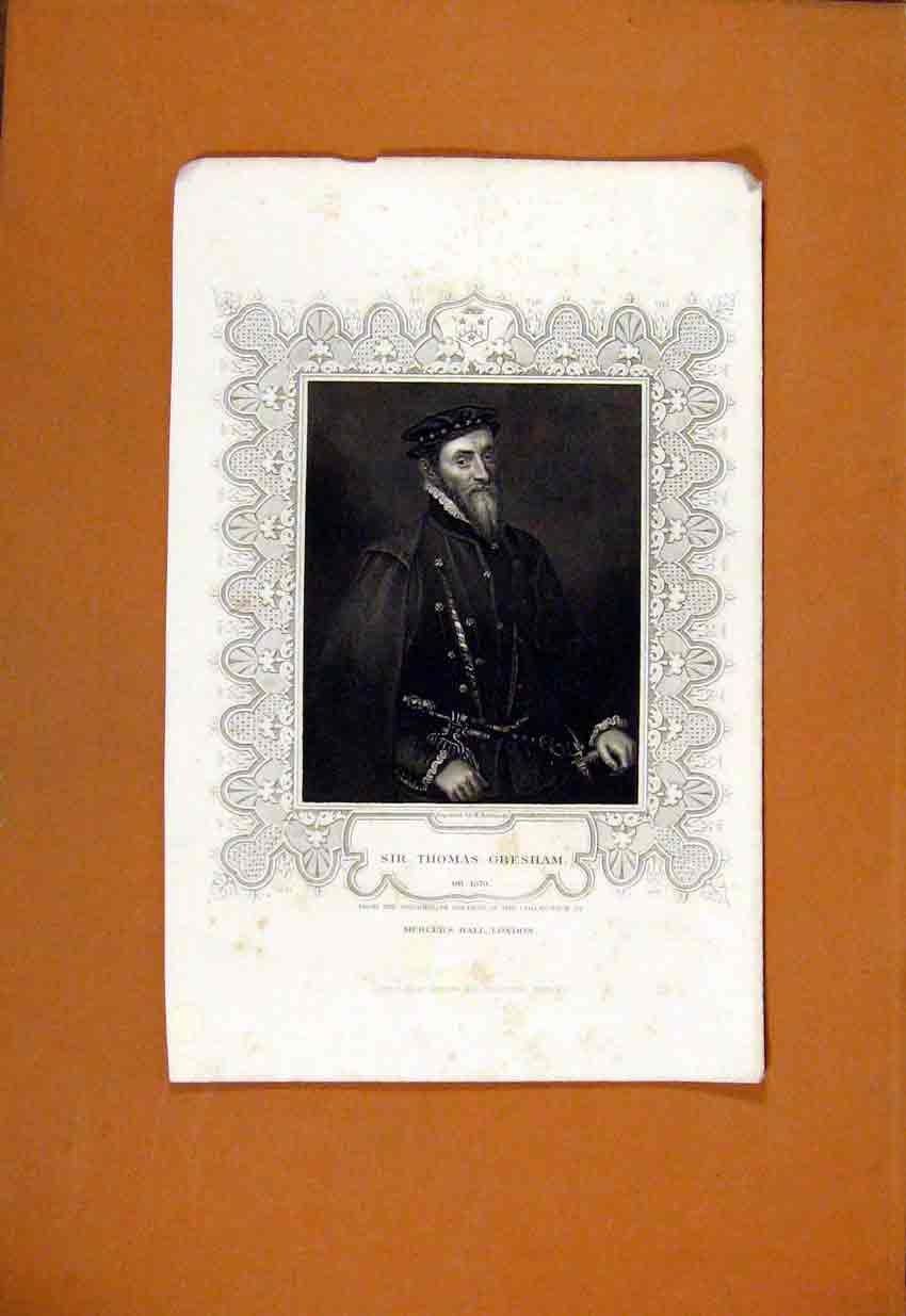Original Old Antique Print Sir Thomas Gresham Mercers Hall C1829 19th Century