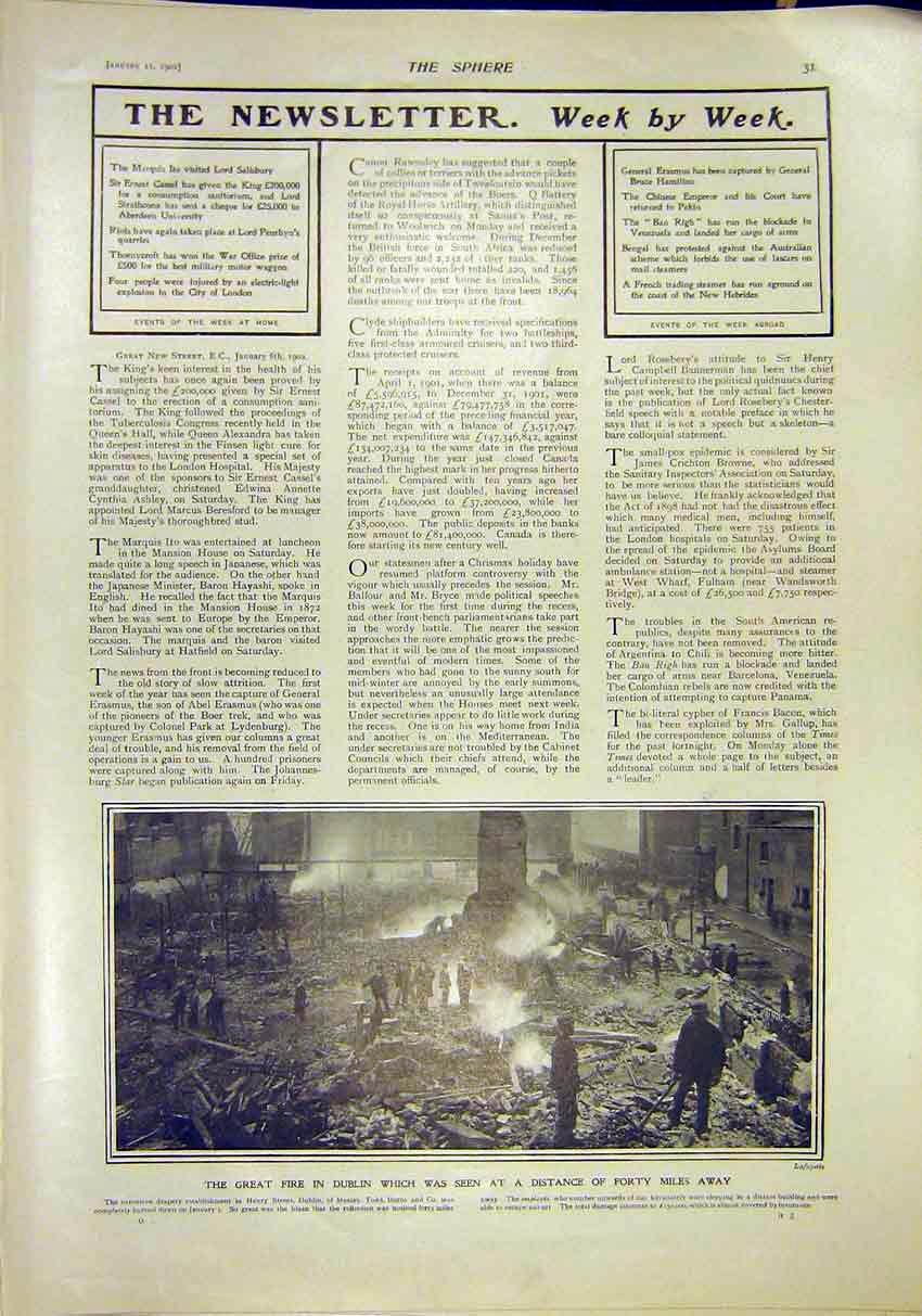 Original Old Antique Print Fire Dublin Ireland Drapery Factory Todd Burns 1902