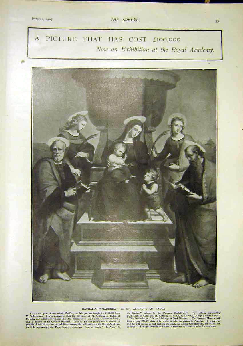Original Old Antique Print Raphael Madonna St Anthony Padua Royal Academy 1902