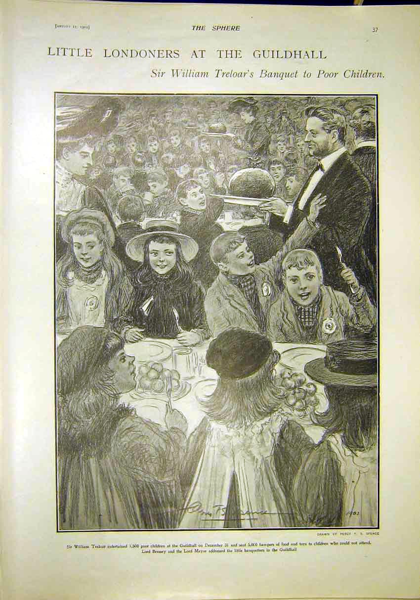 Original Old Antique Print Londoner Guildhall Children Treloar Banquet Poor 1902