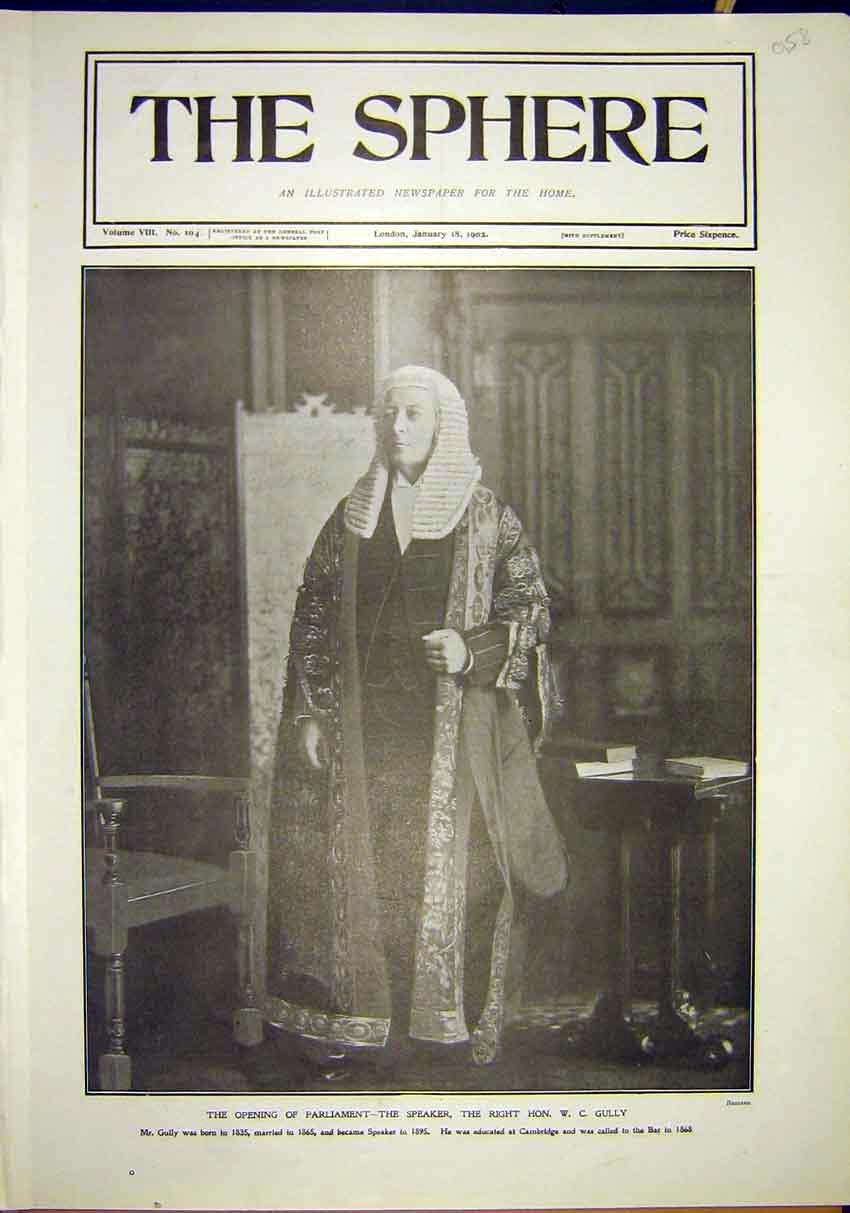 Original Old Antique Print Portrait Speaker Gully Parliament 1902 20th Century