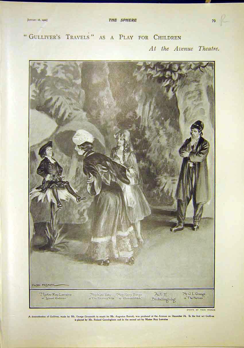 Old Antique Print Theatre Avenue Gulliver'S Travels Paint Box Bank London