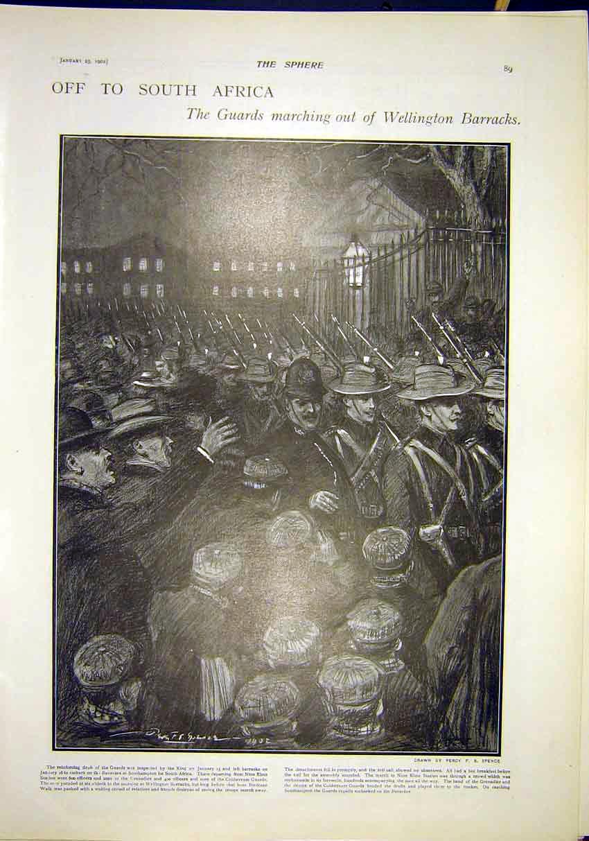 Original Old Antique Print Africa Guards Wellington Barracks Troops 1902 20th