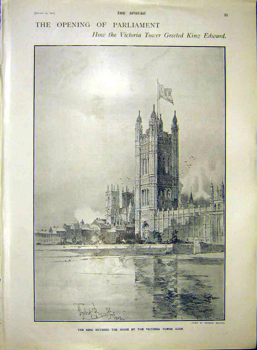 Original Old Antique Print Opening Parliament Victoria Tower London 1902 20th