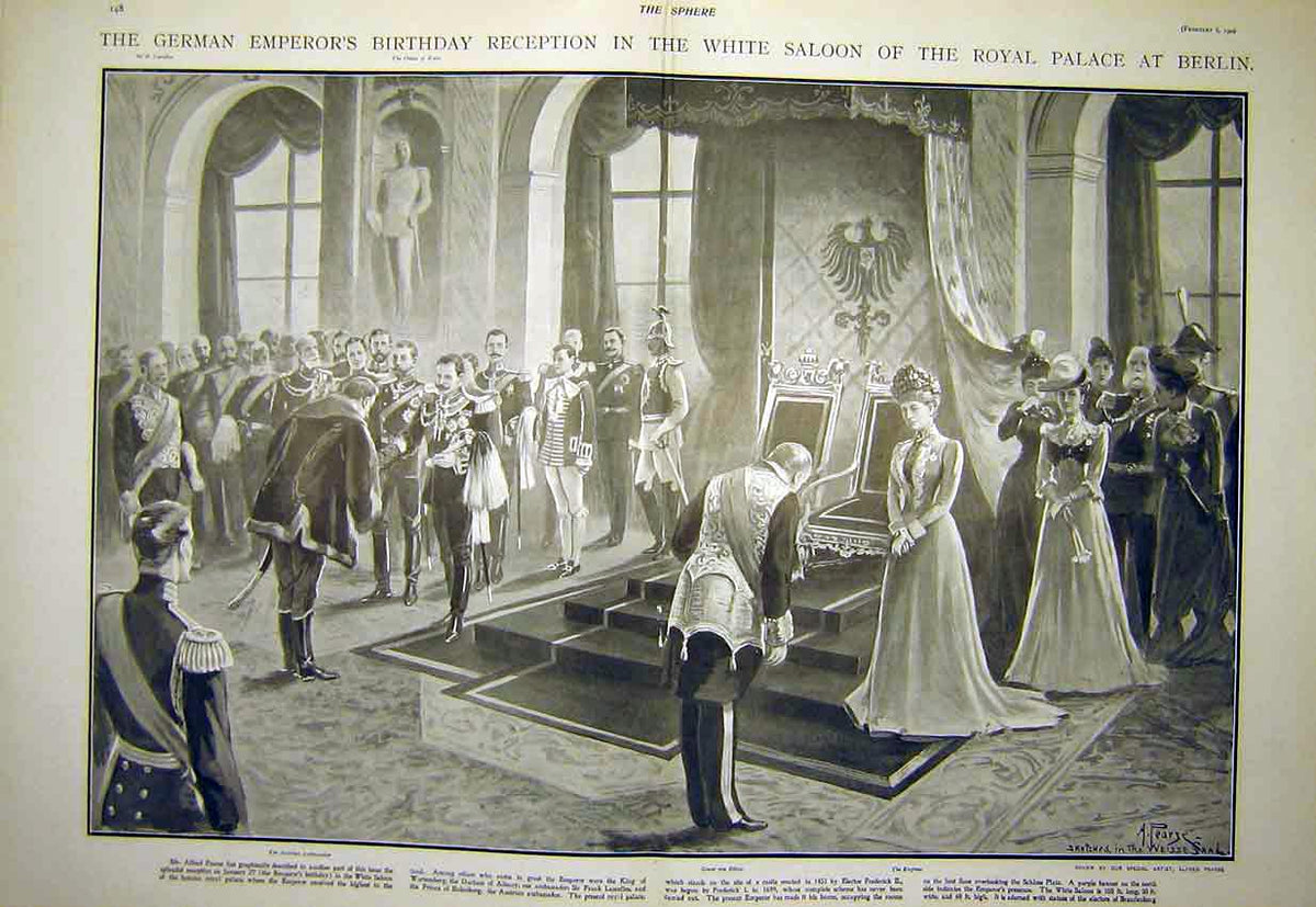 Original Old Antique Print German Emperor White Saloon Royal Palace Berlin 1902