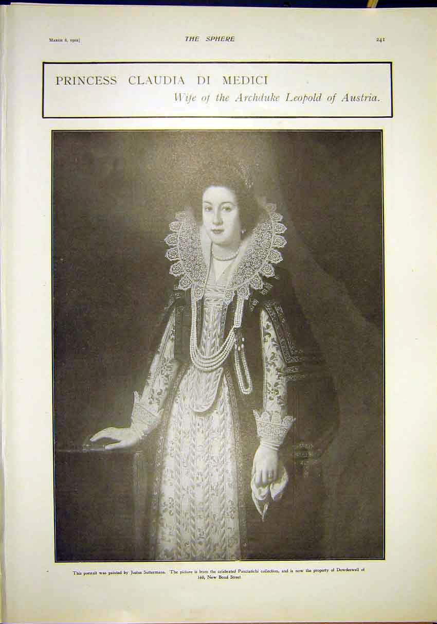 Original Old Antique Print Princess Claudia Medici LeopAustria Portrait 1902