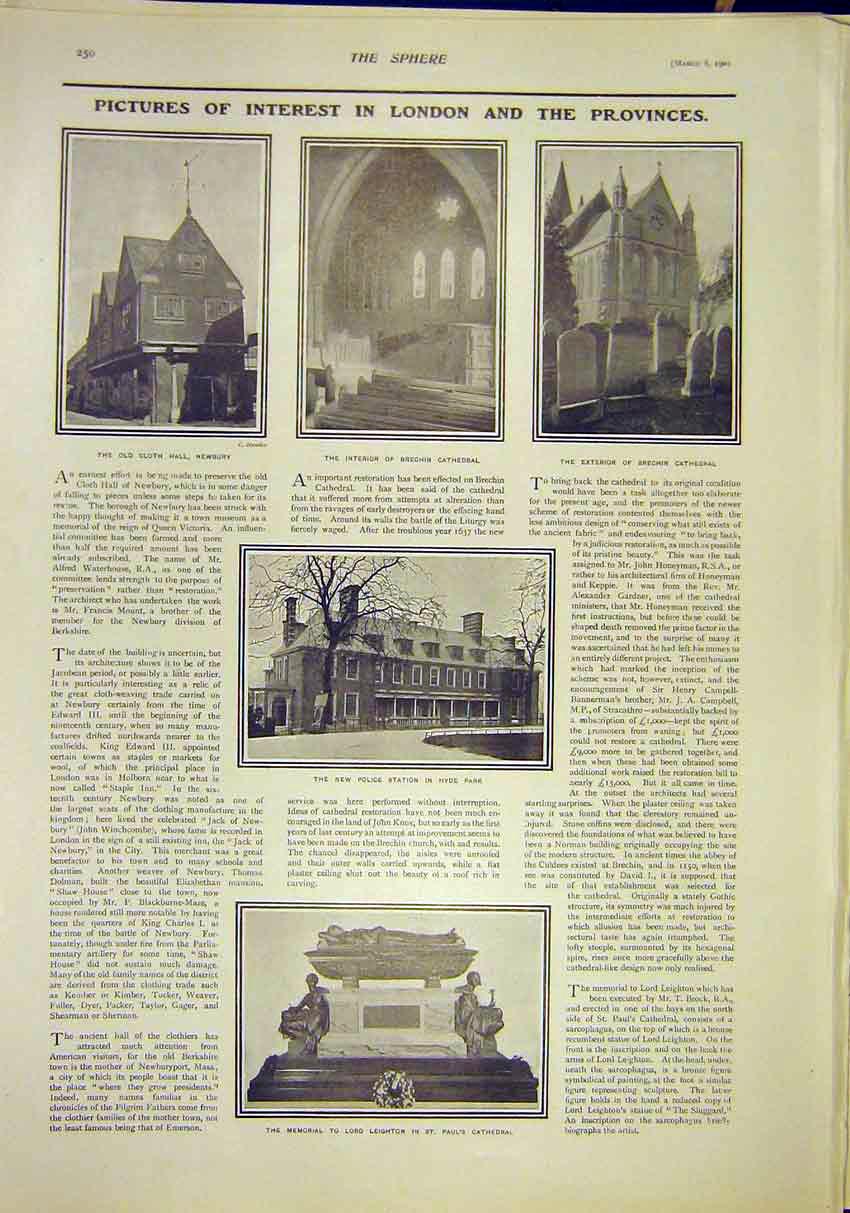 Original Old Antique Print London Newbury Brechin Cathedral Hyde Park Leighton