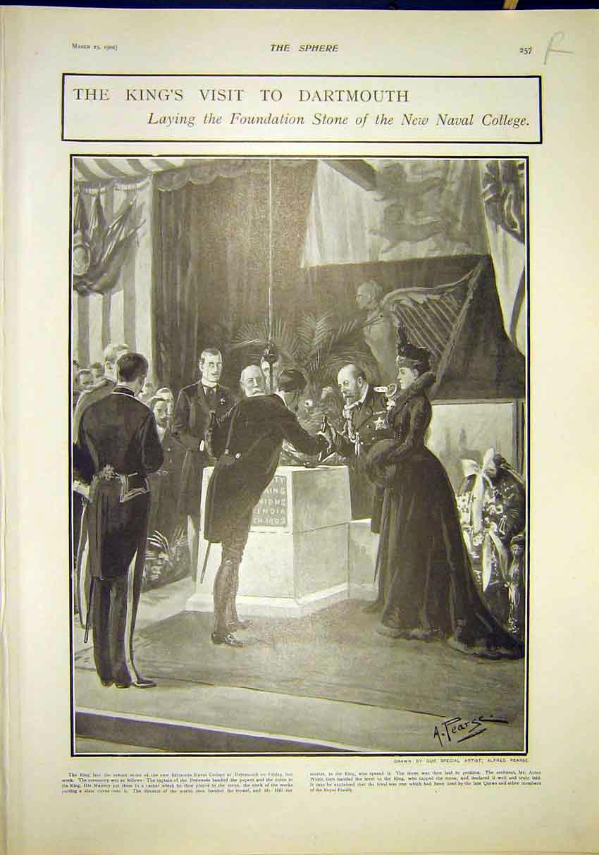 Original Old Antique Print King Dartmouth Naval College Prince Wales Avonmouth