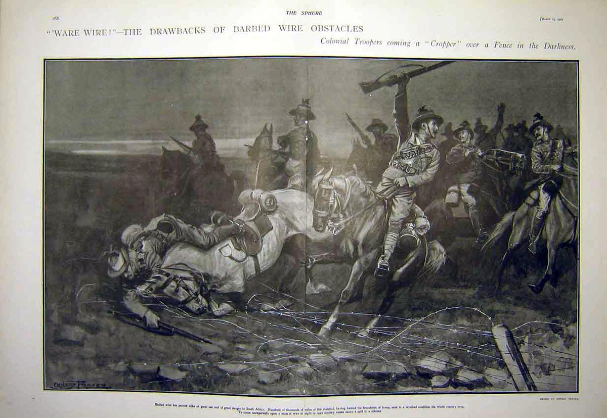 Original Old Antique Print Barbed-Wire Colonial Troops Fence Africa 1902 20th