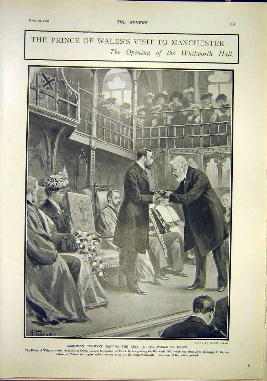 Original Old Antique Print Prince Wales Manchester Whitworth Hall Thomson Keys