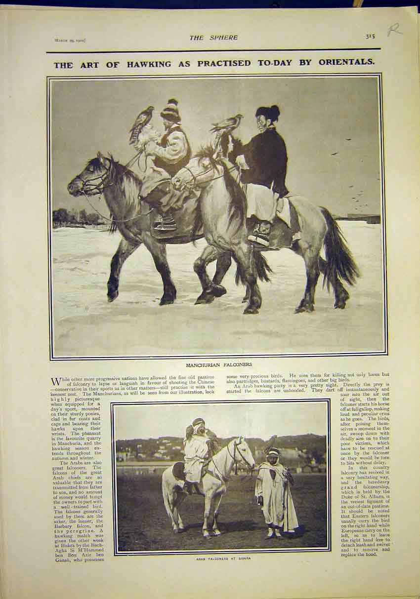 Old Antique Print Hawking Manchurian Falconer Arab Farm Canada Manitoba