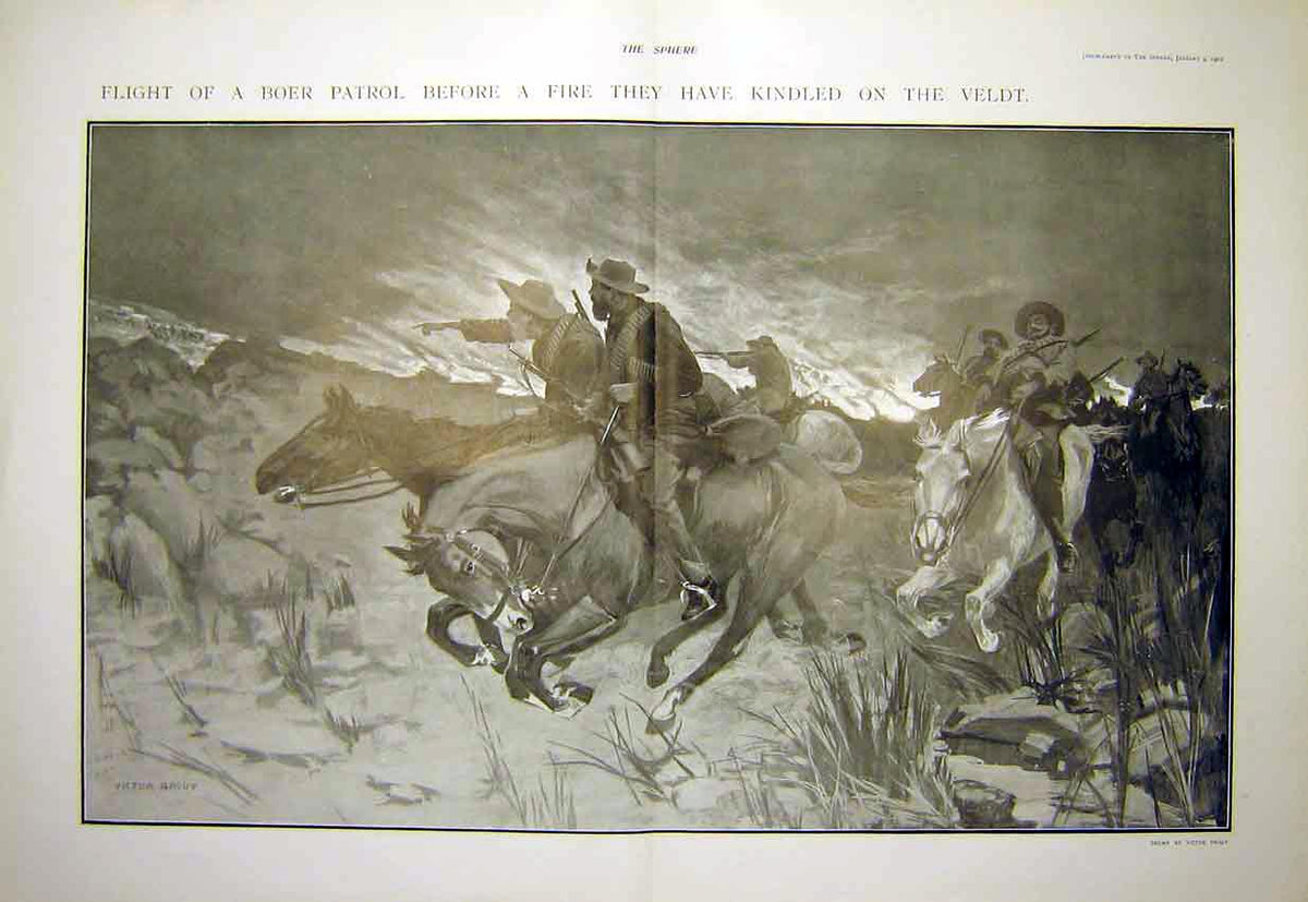 Original Old Antique Print Boer Patrol Veldt Fire Africa War Troops 1902 20th