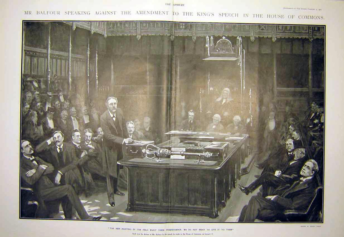 Original Old Antique Print Balfour House Commons King Speech Ammendment 1902