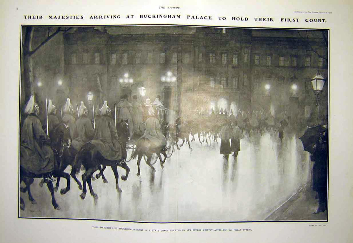 Original Old Antique Print Buckingham Palace King Queen State Coach Guards 1902