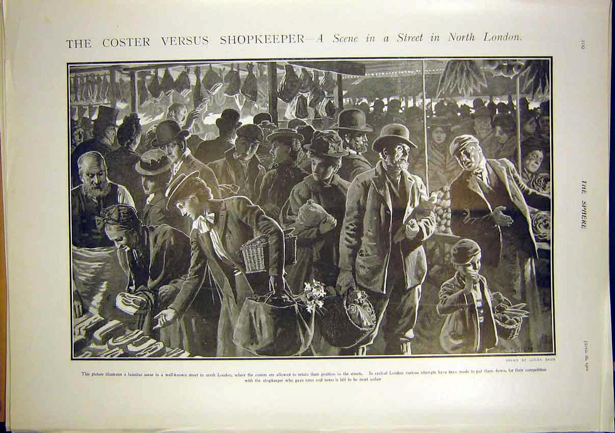 Original Old Antique Print Coster Shopkeeper London Street People 1902 20th
