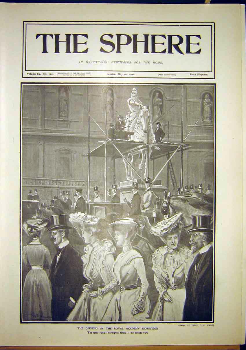 Original Old Antique Print Royal Academy Exhibition Burlington House Spence 1902