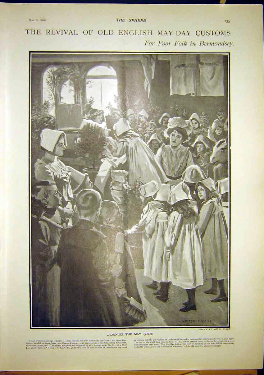 Original Old Antique Print May-Day Customs English Bermonsey Poor Folk 1902 20th