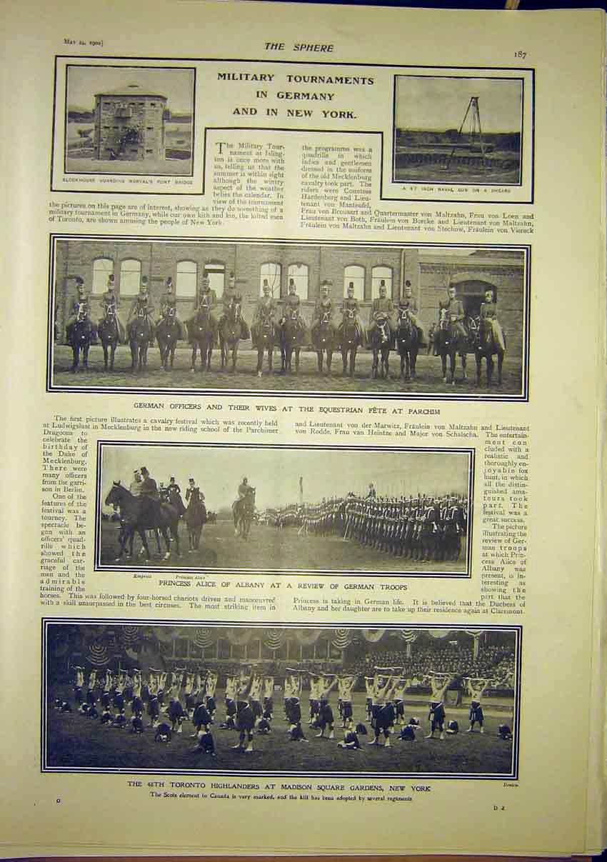 Original Old Antique Print Military Tournaments Germany New York America 1902