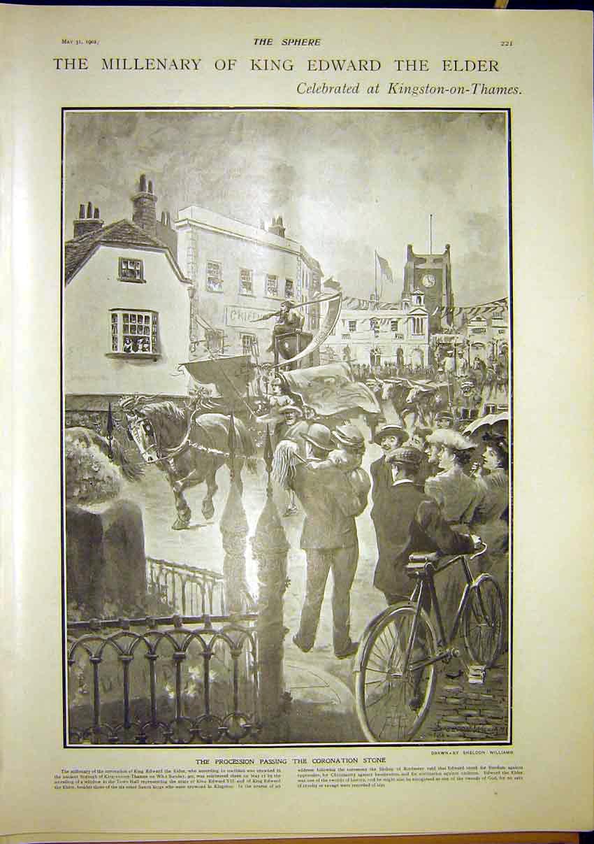 Original Old Antique Print Millenary King Edward Kingston-On-Thames 1902 20th