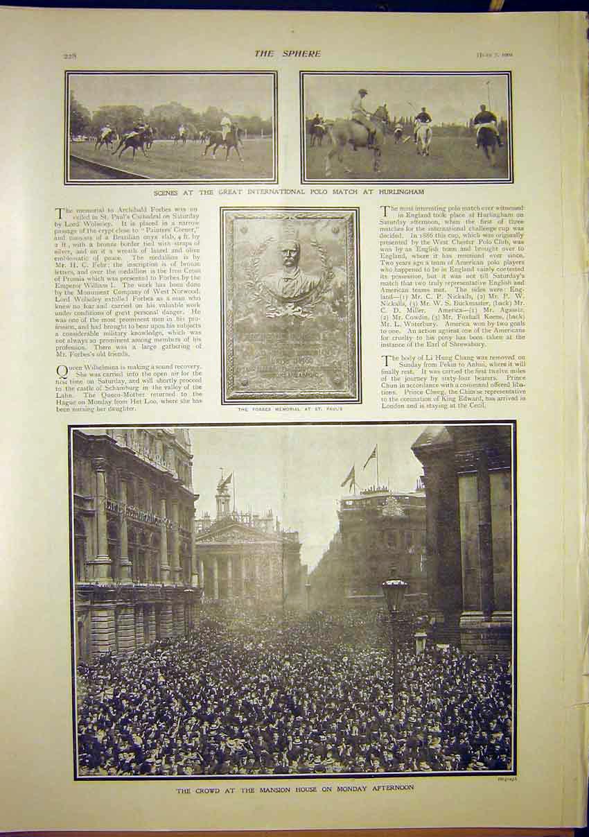 Original Old Antique Print Polo Match Hurlingham Sport Forbes Mansion House 1902