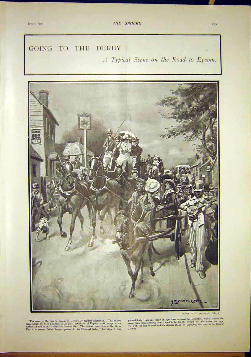 Original Old Antique Print Derby Road Epson Races Wells Procession 1902 20th