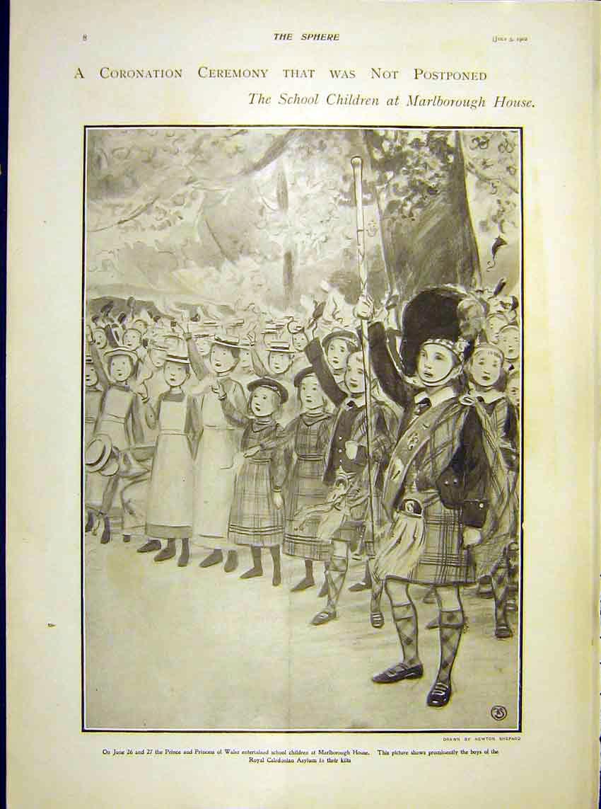 Original Old Antique Print Coronation Ceremony School Children Marlborough 1902