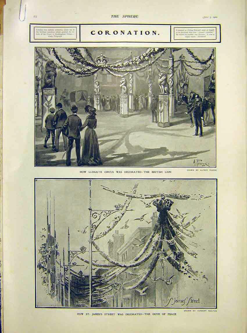 Old Antique Print Coronation Ludgate Circus Lion Dove King Illness 1902 20th