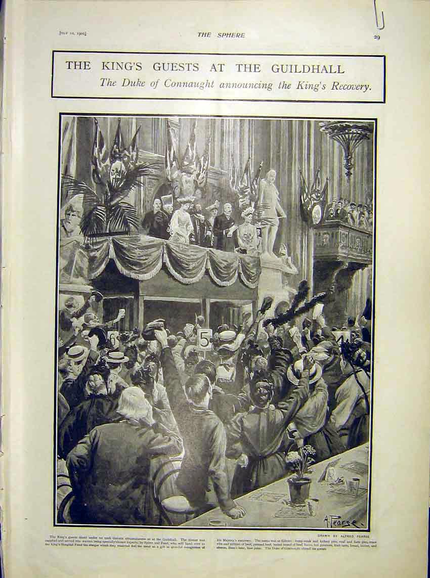 Original Old Antique Print Guildhall King Guests Connaught London Dinner 1902