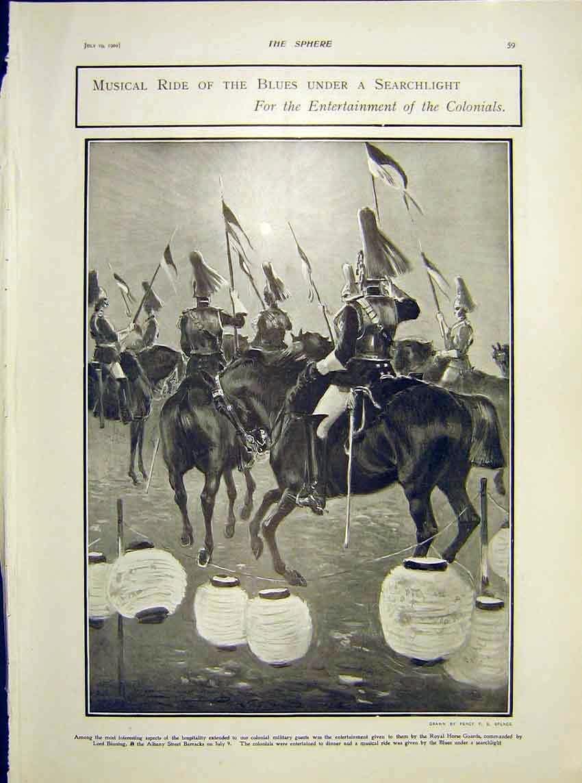 Original Old Antique Print Musical Ride Blues Searchlight Colonial Military 1902