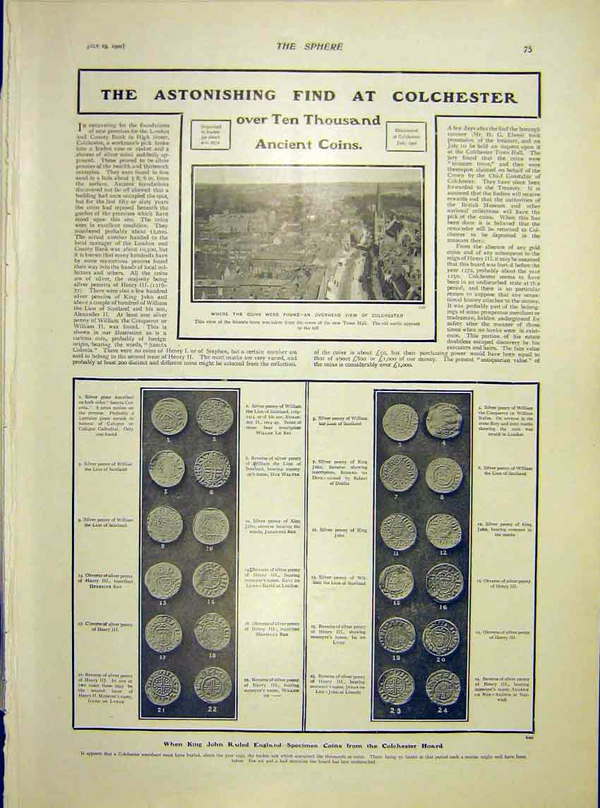 Original Old Antique Print Colchester Ancient Coins 1902 20th Century