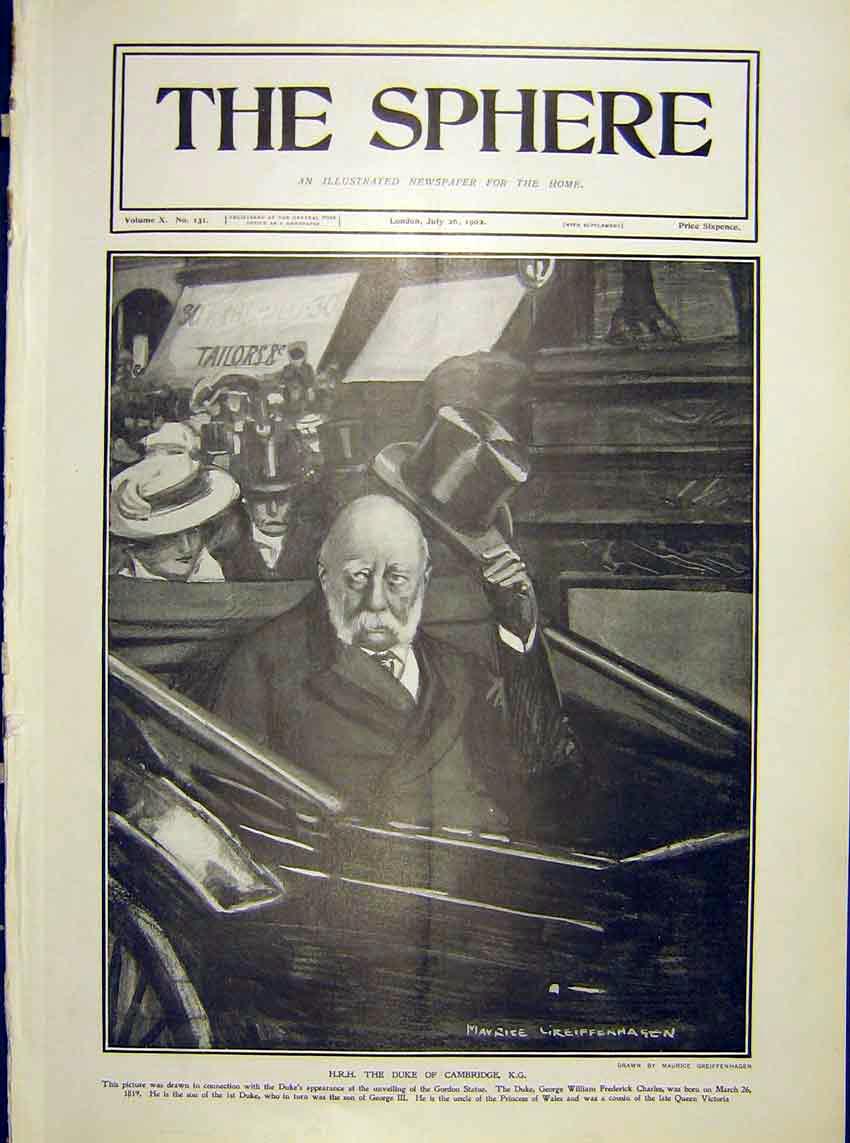 Original Old Antique Print Duke Cambridge Portrait Gordon Statue 1902 20th