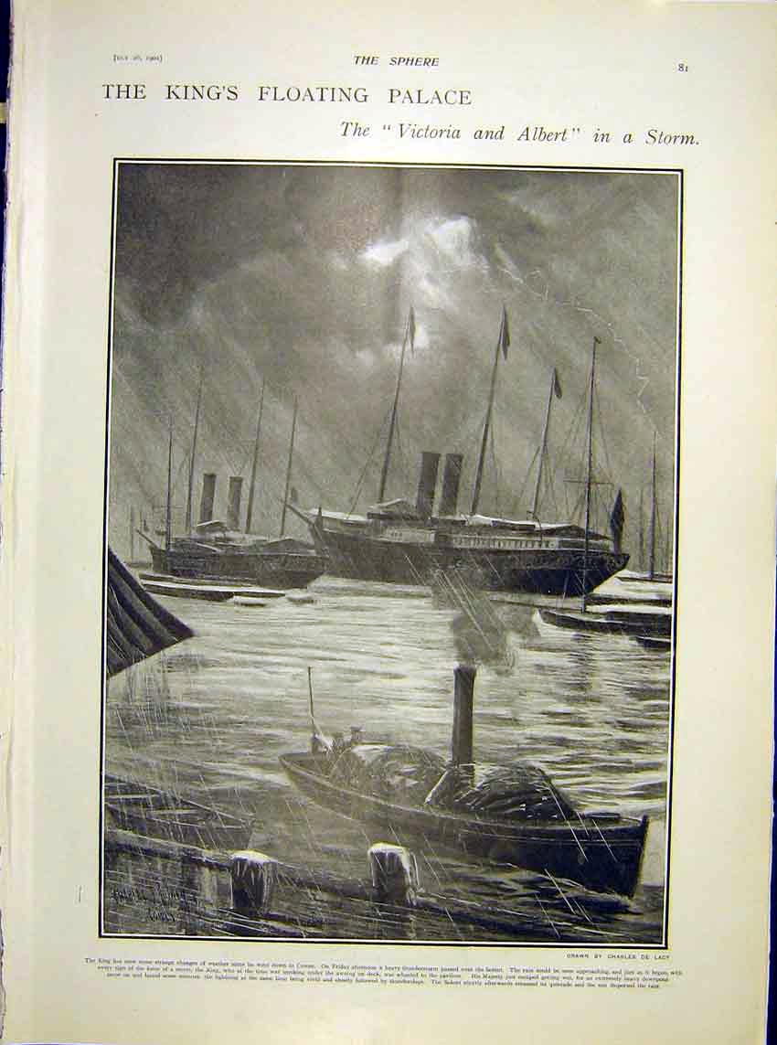 Original Old Antique Print King Floating Palace Victoria Albert Yacht Storm 1902
