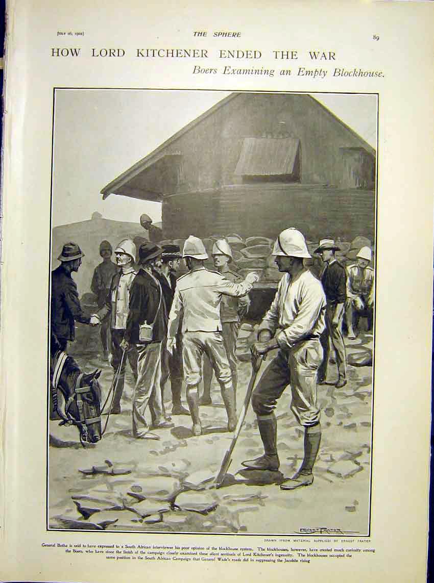 Original Old Antique Print Kithcenre War Boer Africa Blockhouse 1902 20th