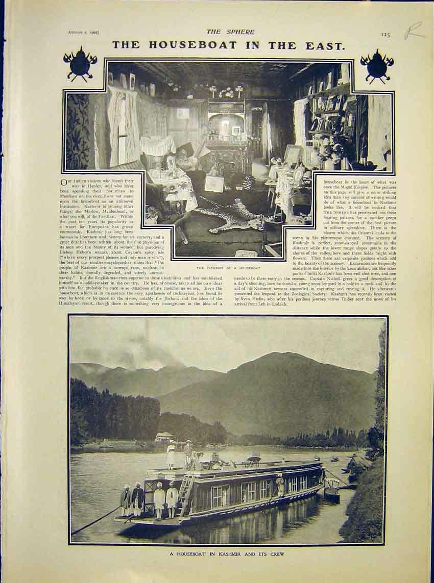 Original Old Antique Print Houseboat Kashmir New York Tower Babel Building 1902