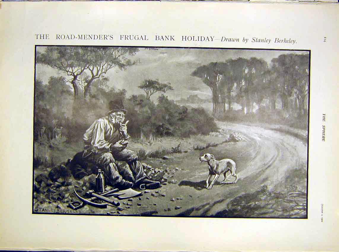 Old Antique Print Road-Menders Frugal Bank Holiday Berkeley Fine Art 1902 20th