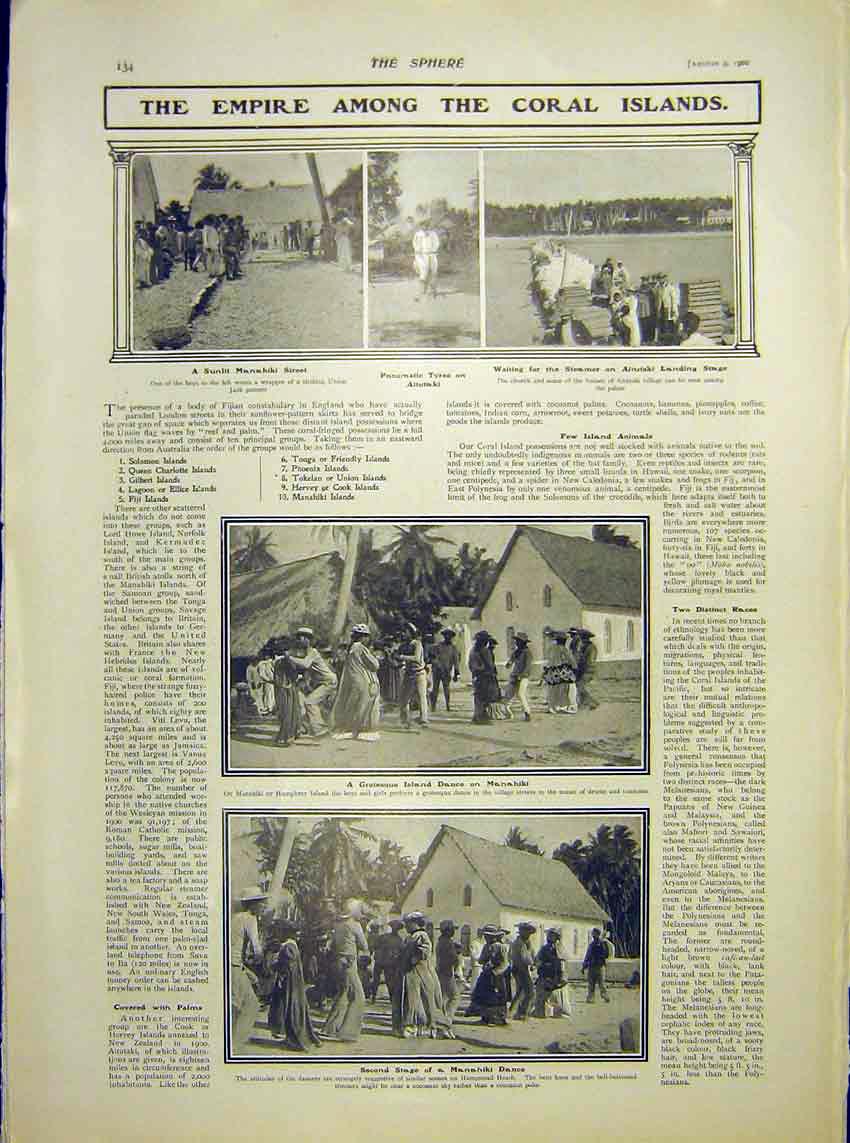 Original Old Antique Print Empire Coral Islands Manahiki Aitutaki 1902 20th