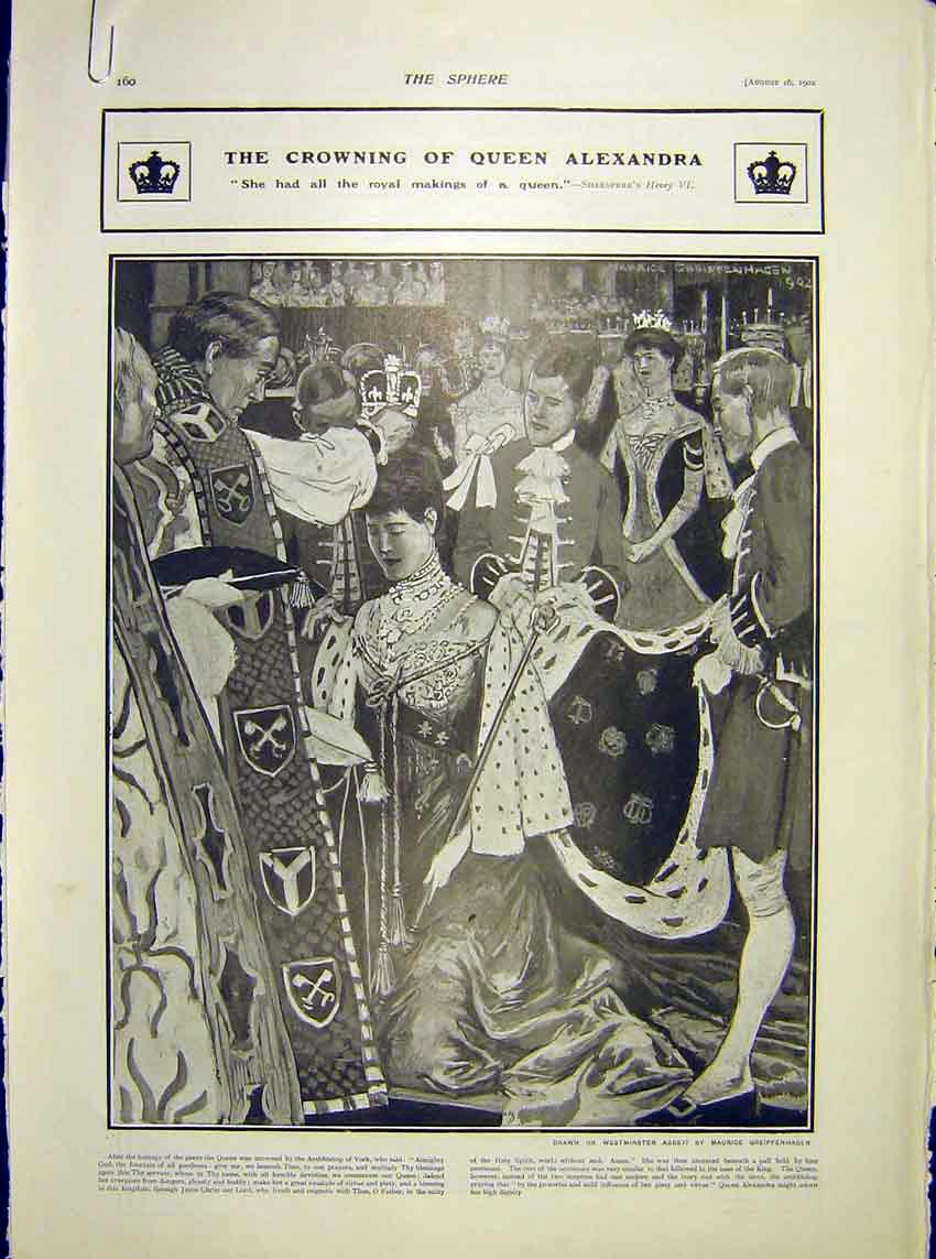 Original Old Antique Print Queen Alexandra Coronation Crown Regalia Doctor 1902
