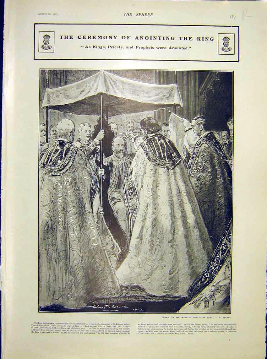 Original Old Antique Print Ceremony King Annointing Westminster Abbey 1902 20th