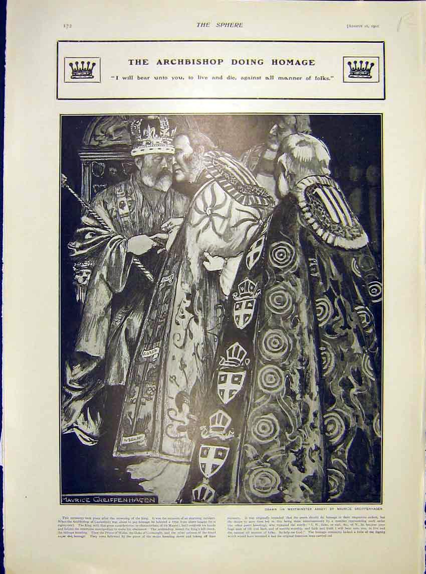 Original Old Antique Print Archbishop Westminster Abbey Coronation King Homage