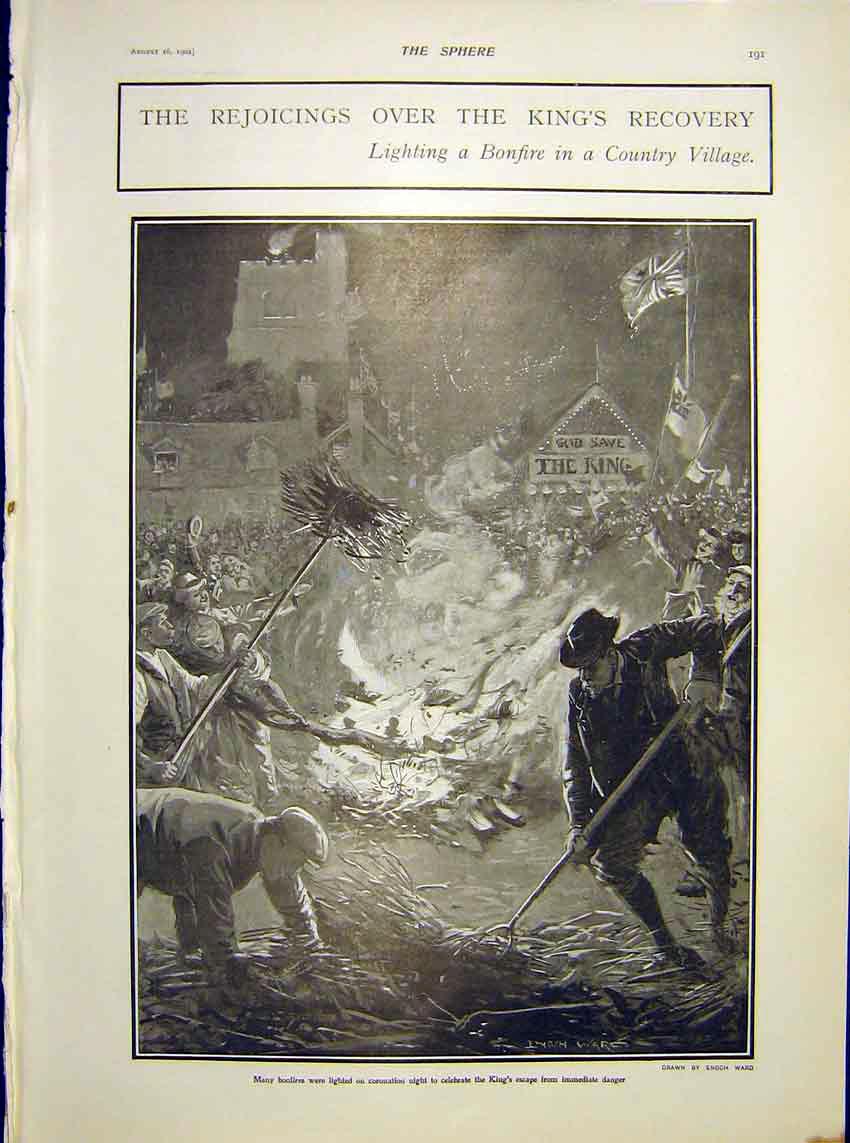 Original Old Antique Print King Recovery Bonfire Country Village 1902 20th