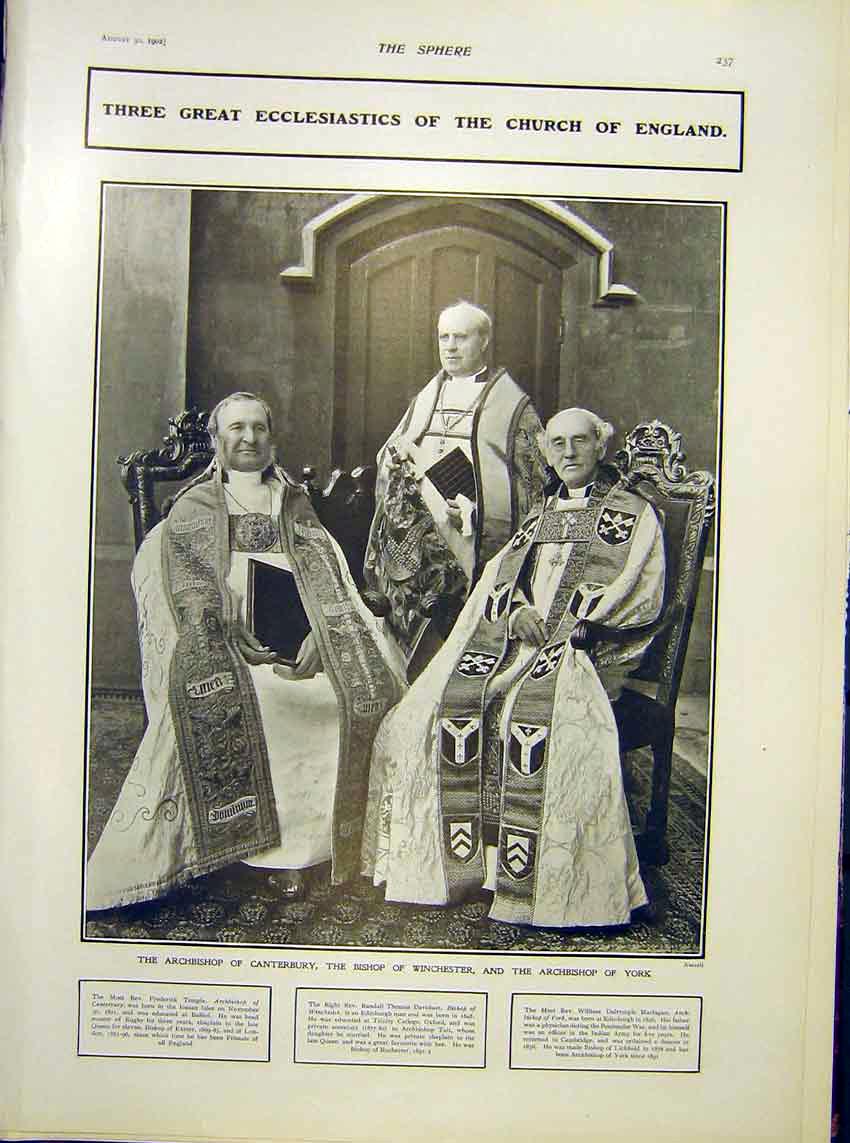 Original Old Antique Print Archbishop Canterbury Winchester York Portrait Church