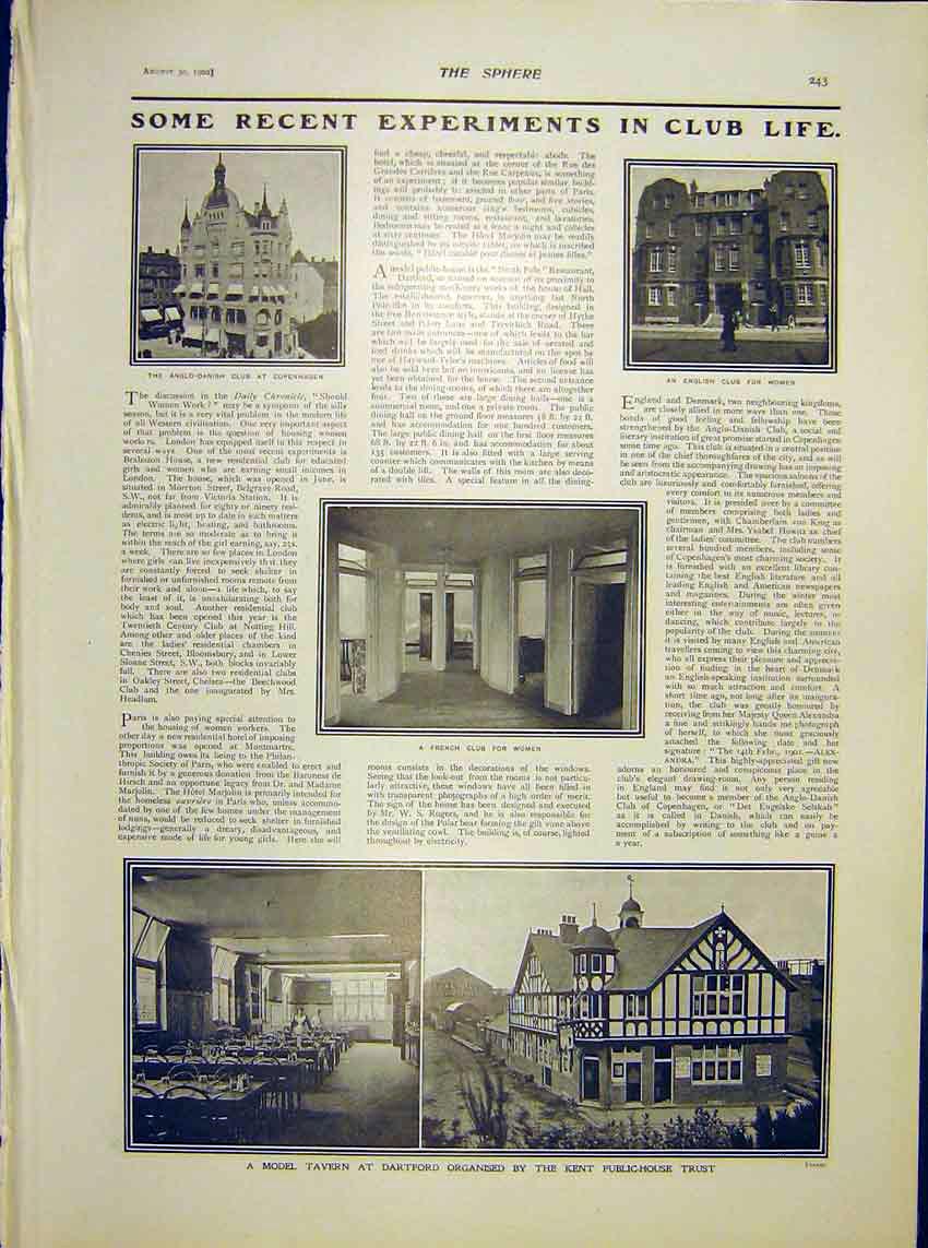 Original Old Antique Print Club Copenhagen Women Dartford Tavern 1902 20th