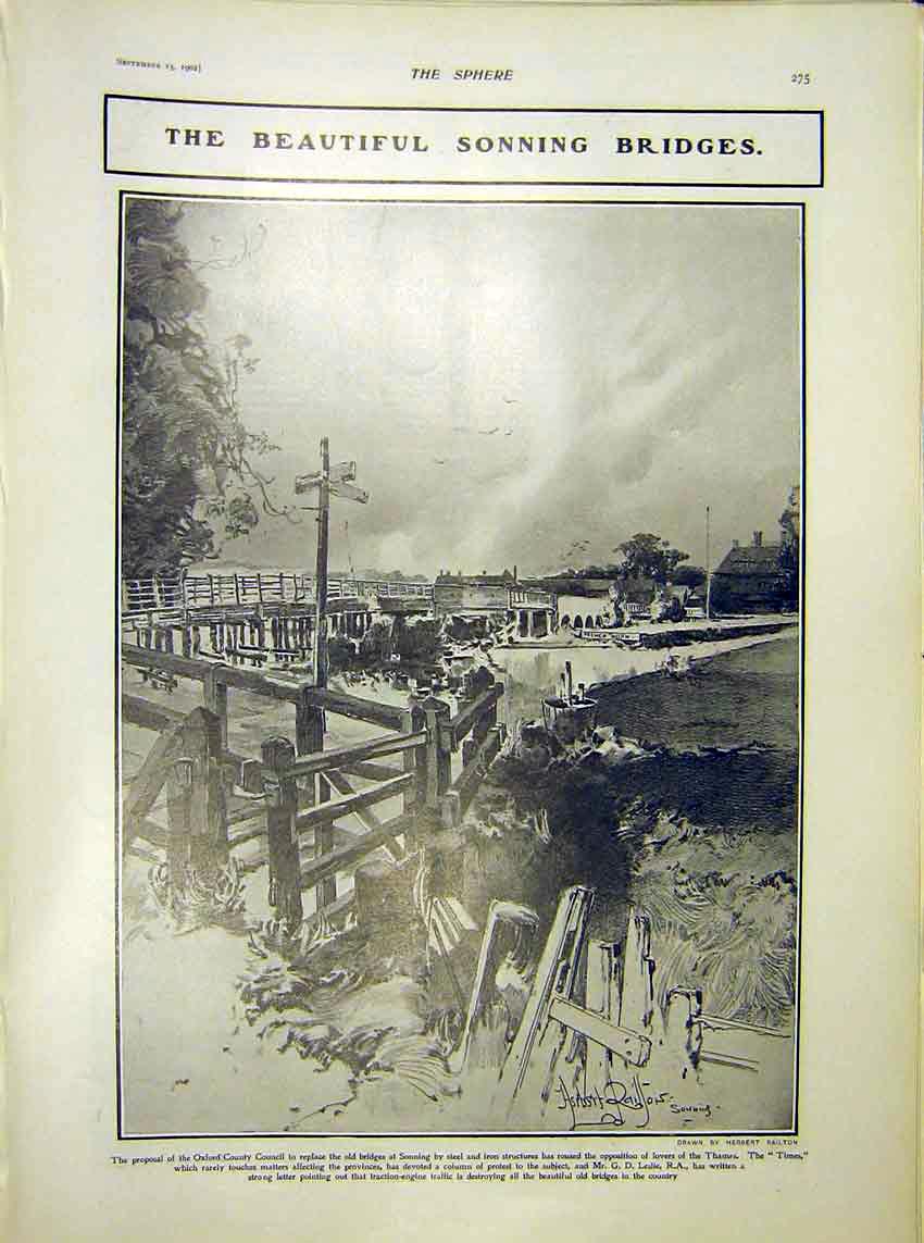 Original Old Antique Print Sonning Bridge Oxford County Council Thames 1902 20th