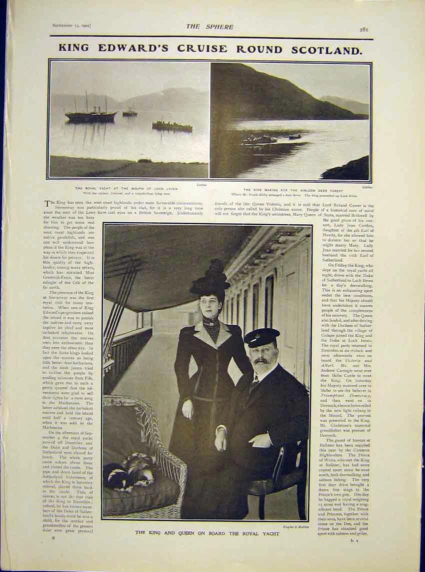 Old Antique Print King Edward Cruise Scotland Royal Yacht Loch Leven 1902 20th