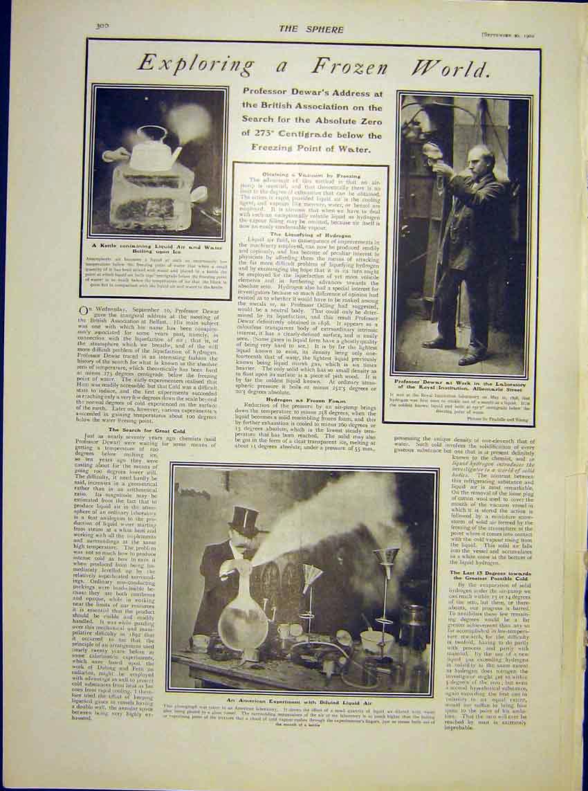 Original Old Antique Print Frozen Professor Dewar Water Absolute Zero 1902 20th