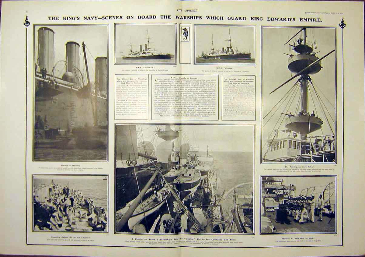 Original Old Antique Print King Navy Warships Hms Sailors Marines 1902 20th