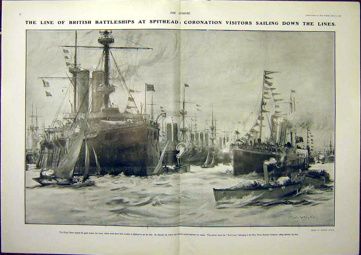 Original Old Antique Print Fleet Spithead Coronation Battleships 1902 20th