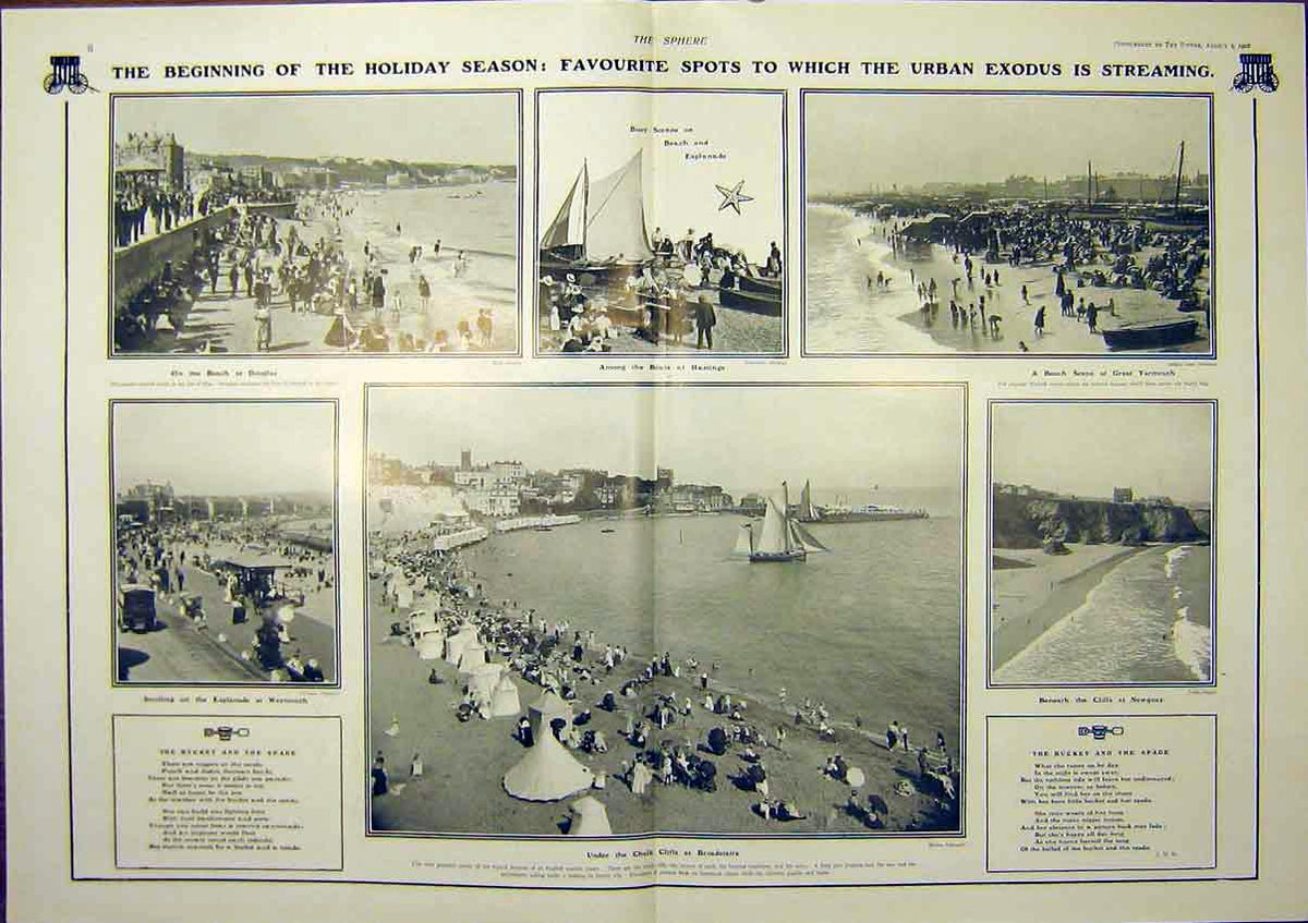 Original Old Antique Print Douglas Hastings Yarmouth Newquay Broadstairs 1902