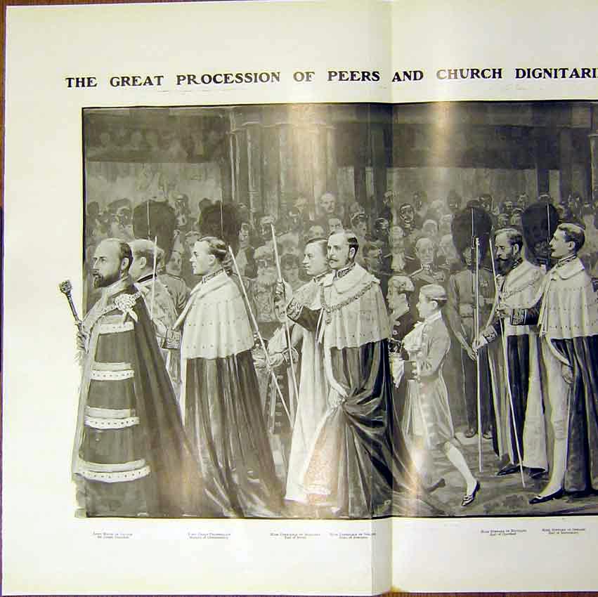 Original Old Antique Print Coronation Procession Throne King Edward Peers 1902